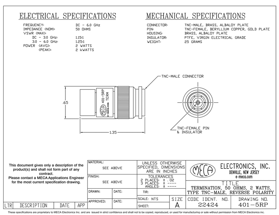 401-5RP RP-TNC Male Termination electrical specs