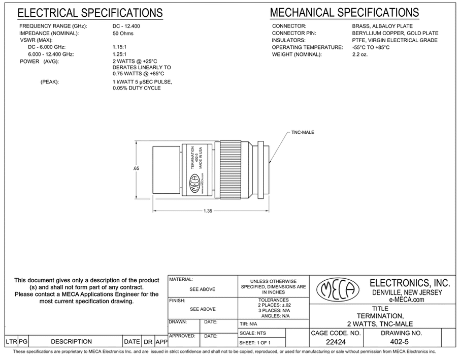 402-5 RF Load Termination electrical specs