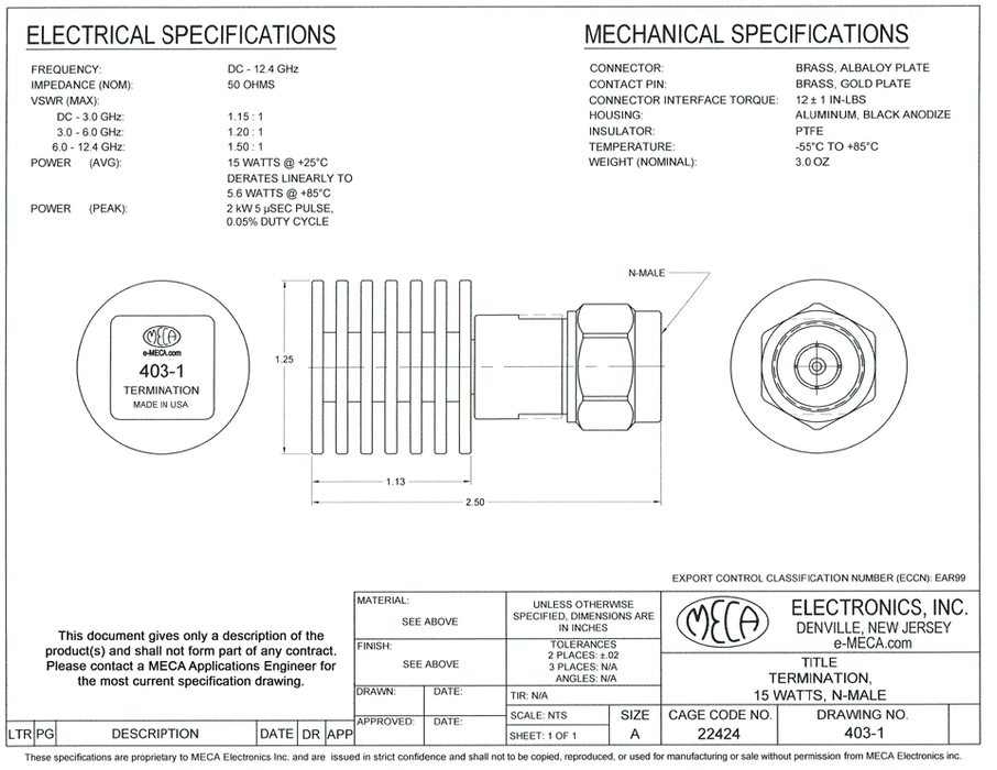 403-1 RF Load Terminations electrical specs