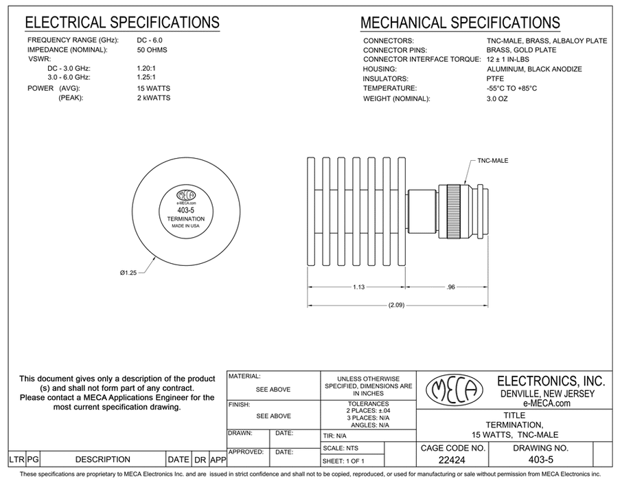 403-5 RF Loads electrical specs