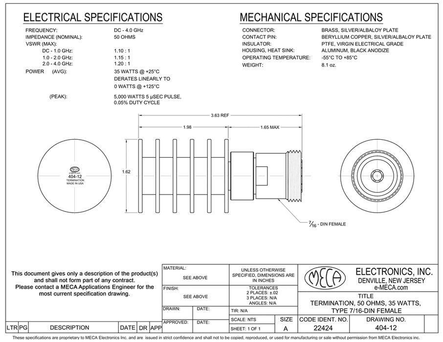 404-12 35-Watts RF-Loads  electrical specs