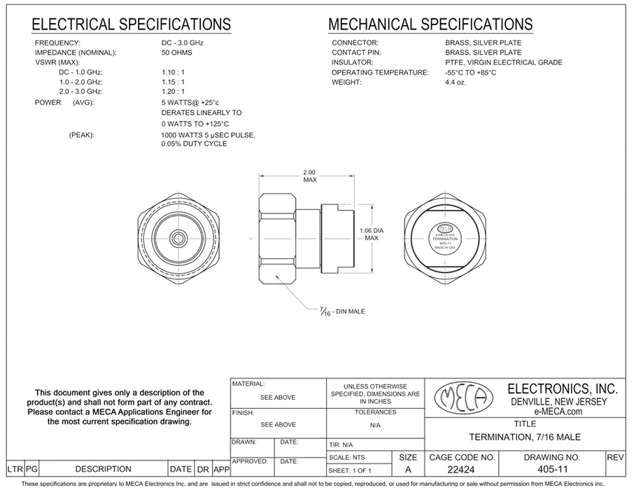 405-11 5-W RF Terminations electrical specs