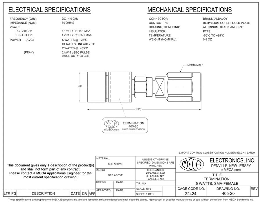405-20 RF/Microwave Termination electrical specs
