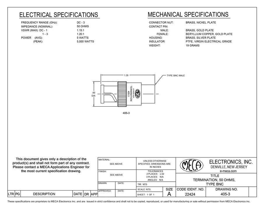 405-3 RF/Microwave Terminations electrical specs