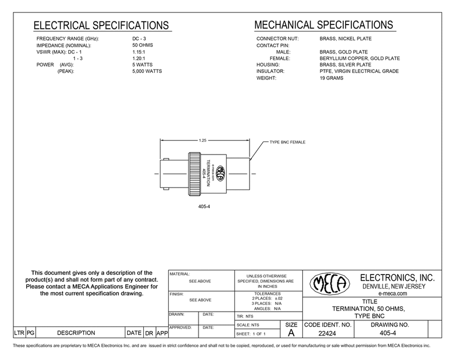 405-4 BNC-Female Termination electrical specs