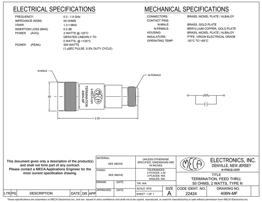 406N-MF RF-Terminations electrical specs