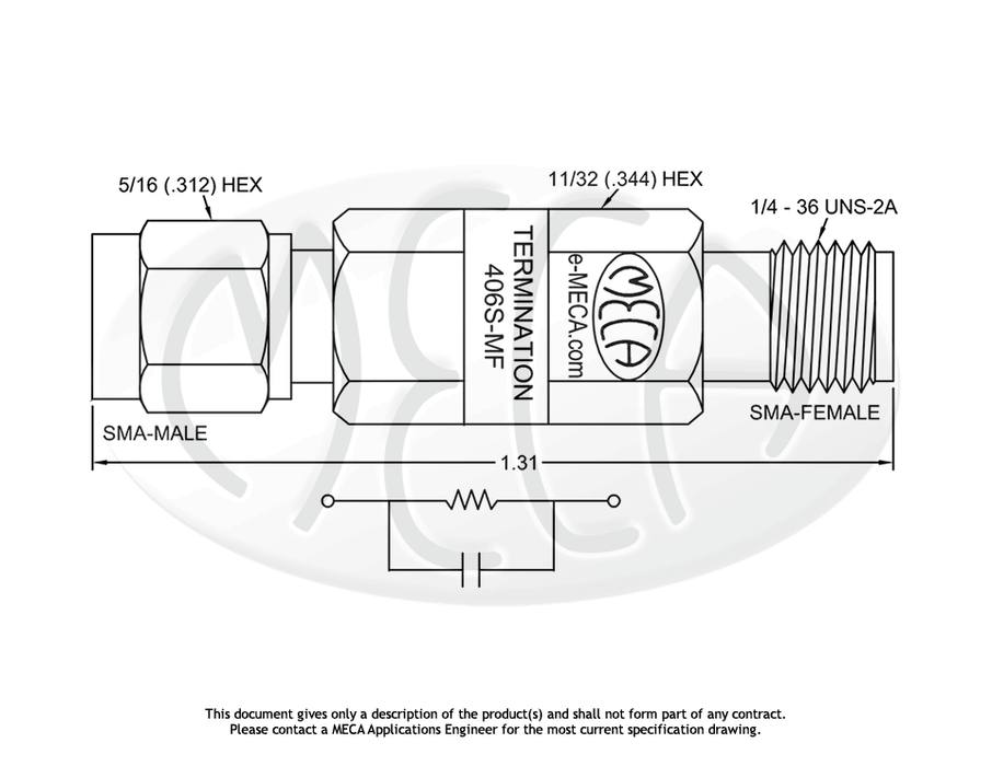 406S-MF RF/Microwave/Termination Feed Thru SMA connectors drawing