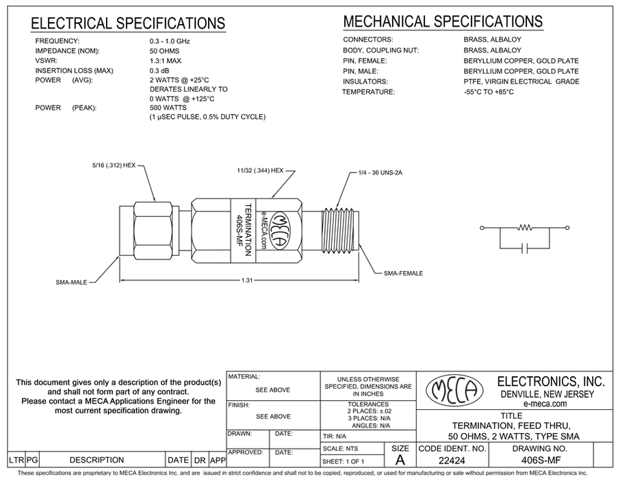 406S-MF RF/Microwave/Termination electrical specs