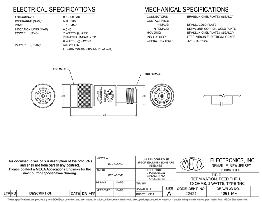 406T-MF RF-Microwave-Termination electrical specs