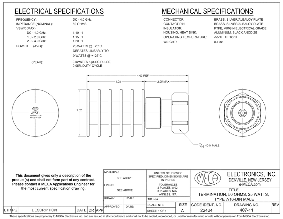 407-11 RF-Microwave-Terminations electrical specs