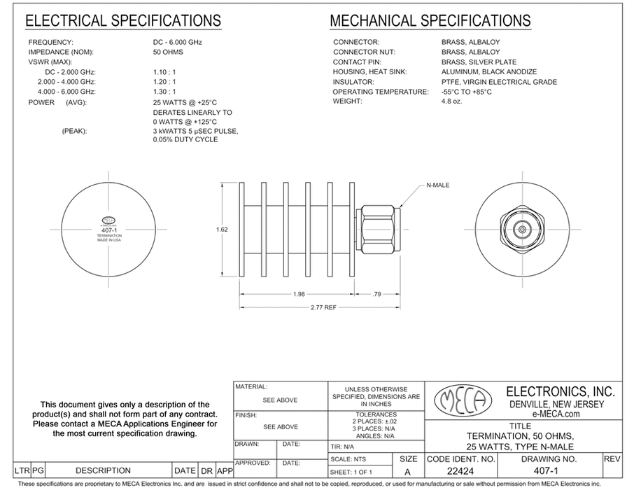 407-1 RF/Microwave/Terminations electrical specs