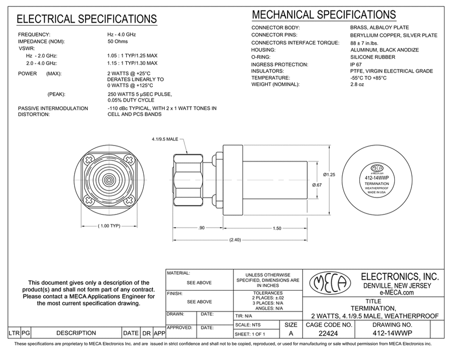 412-14WWP RF-Load-Termination electrical specs