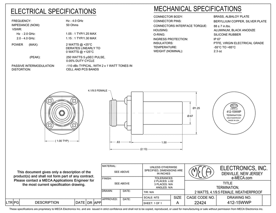 412-15WWP 4.1/9.5 Female-Termination electrical specs