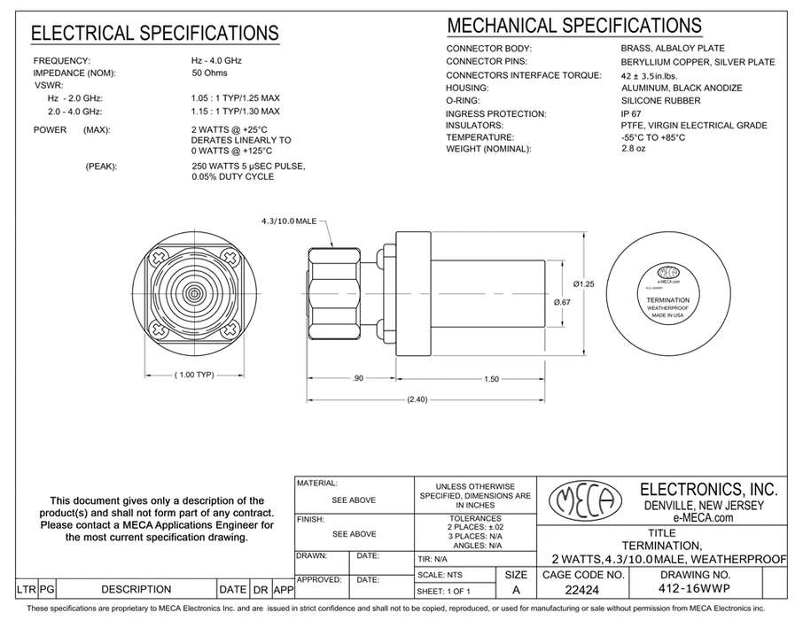 412-16WWP 4.3/10.0-Male Termination electrical specs