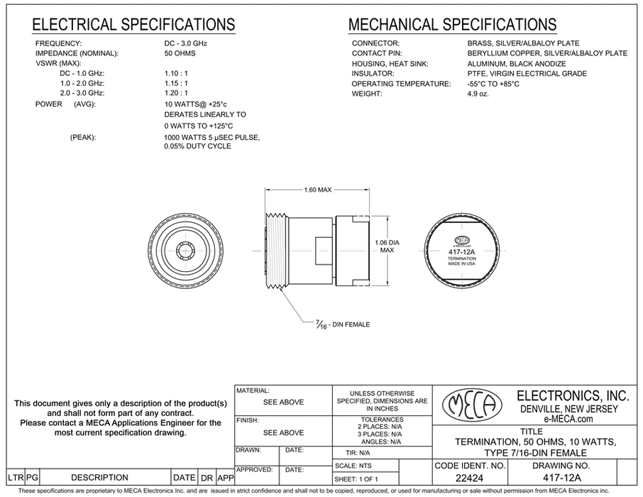 417-12A 10-W Terminations electrical specs
