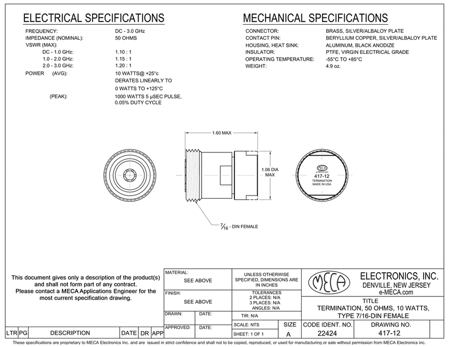 417-12 10-W Termination electrical specs