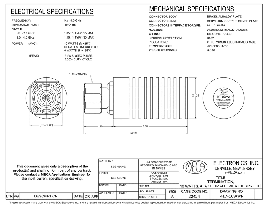 417-16WWP 10W-RF-Termination electrical specs