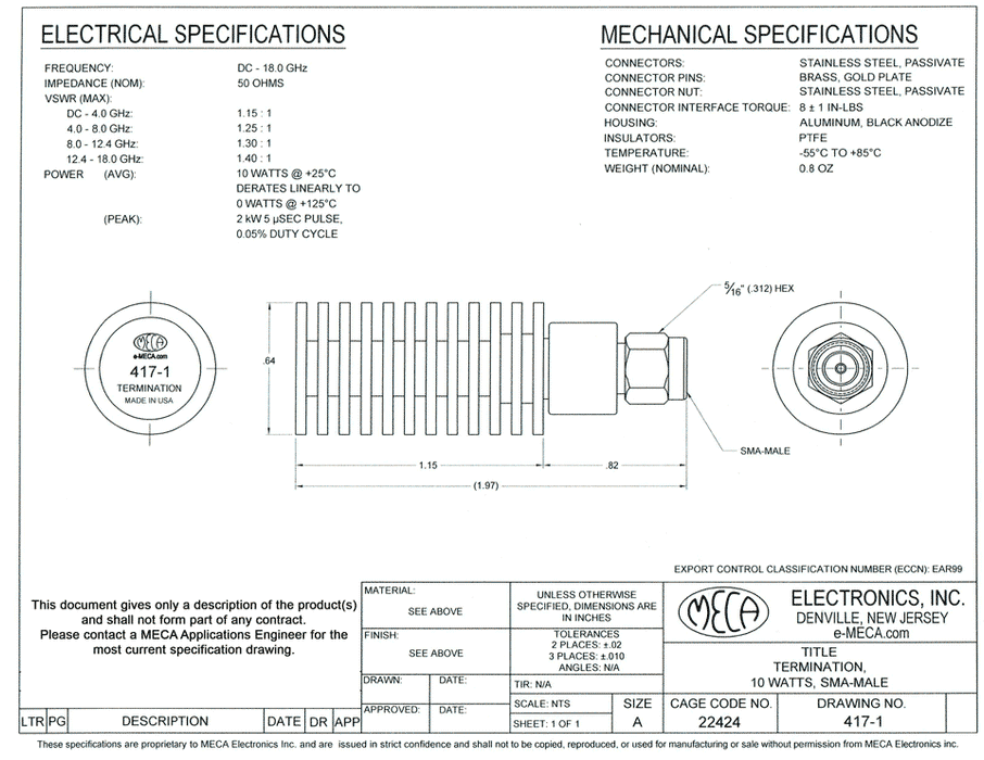 417-1 SMA/Termination electrical specs