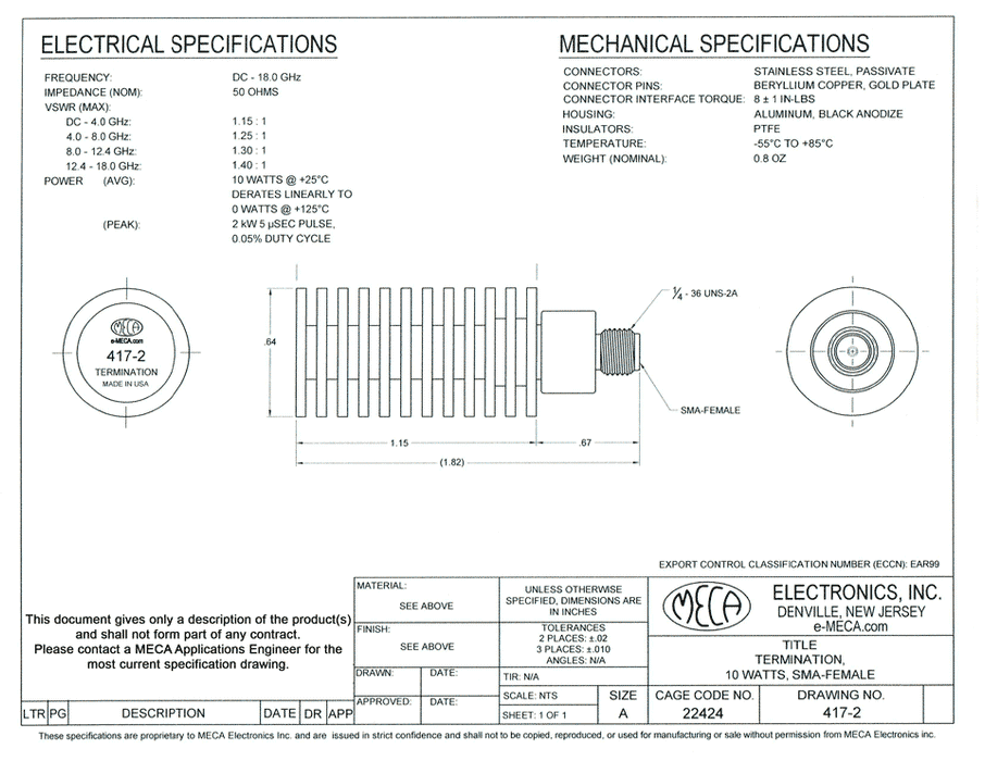 417-2 SMA-F Termination electrical specs