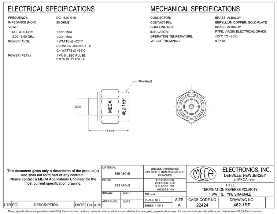 462-1RP SMA-Type Termination electrical specs