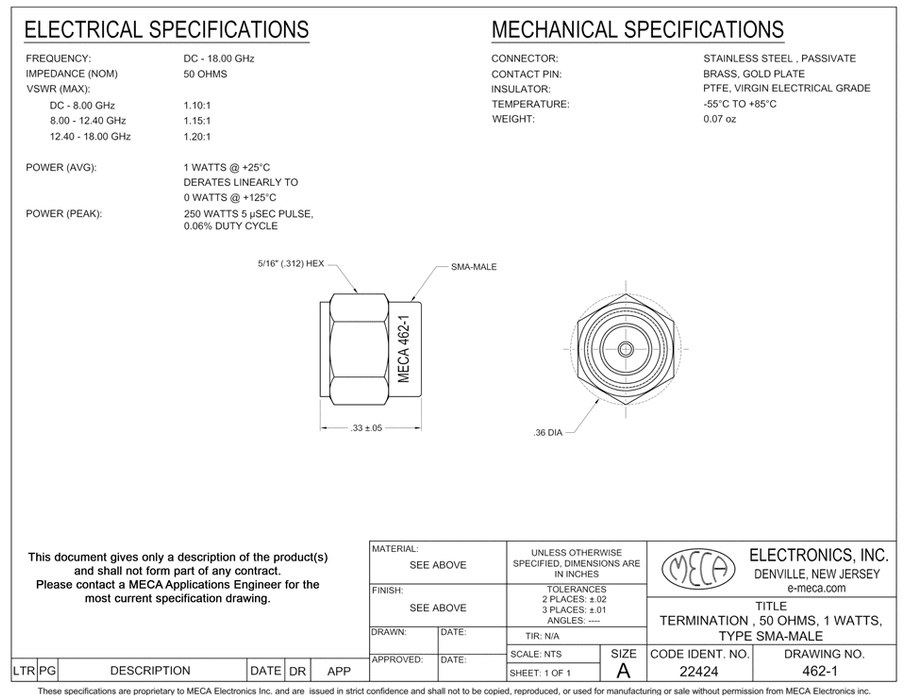 462-1 SMA-M Termination electrical specs
