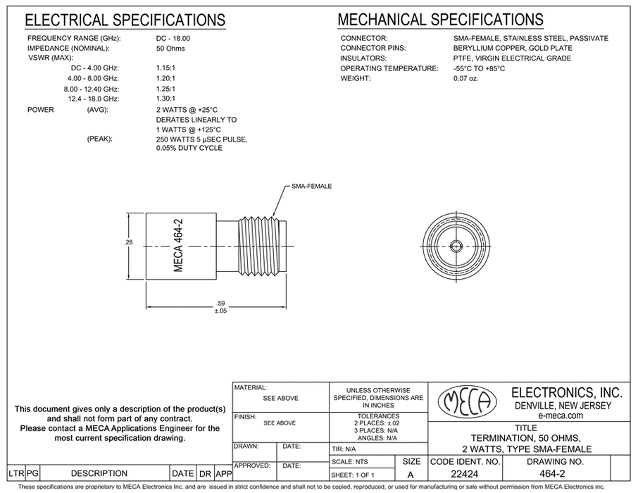 464-2 Termination electrical specs