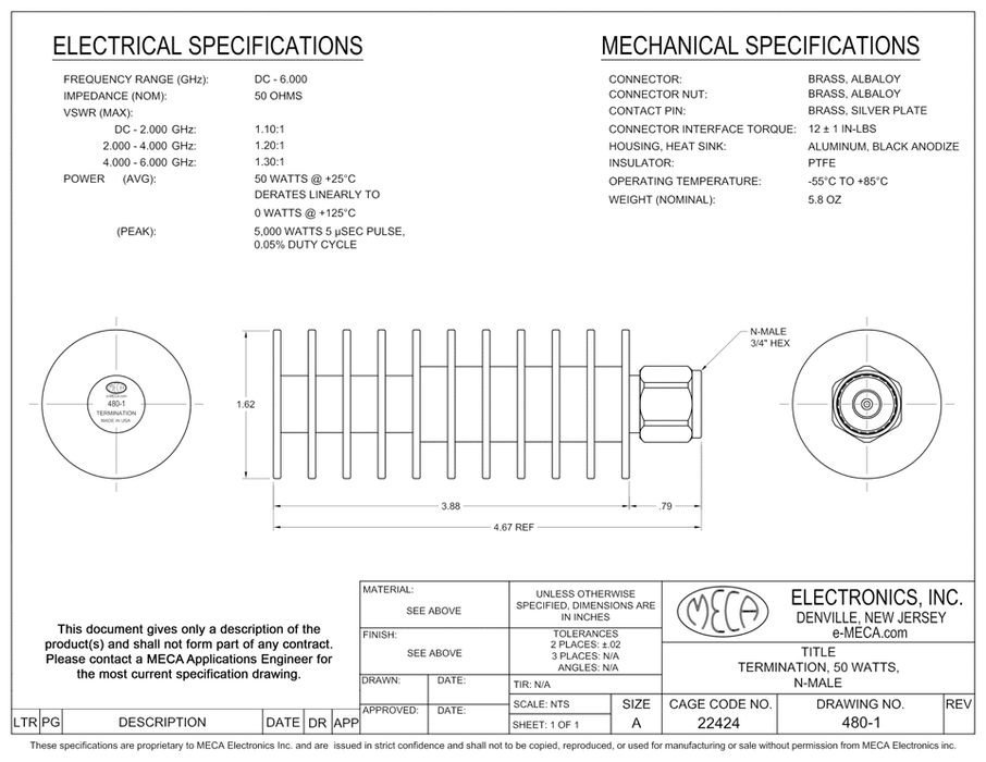 480-1 RF/Terminations electrical specs