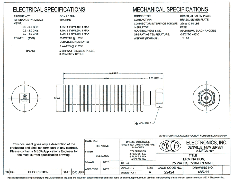 485-11 Microwave RF Terminations electrical specs