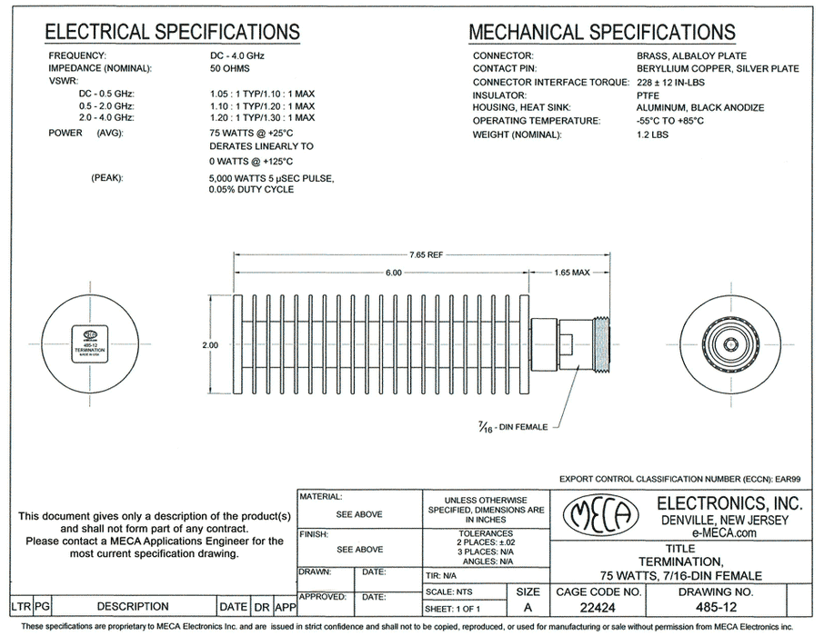 485-12 Microwave RF-Terminations electrical specs