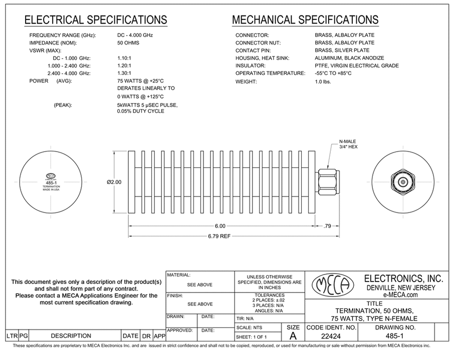 485-1 Microwave RF Termination electrical specs