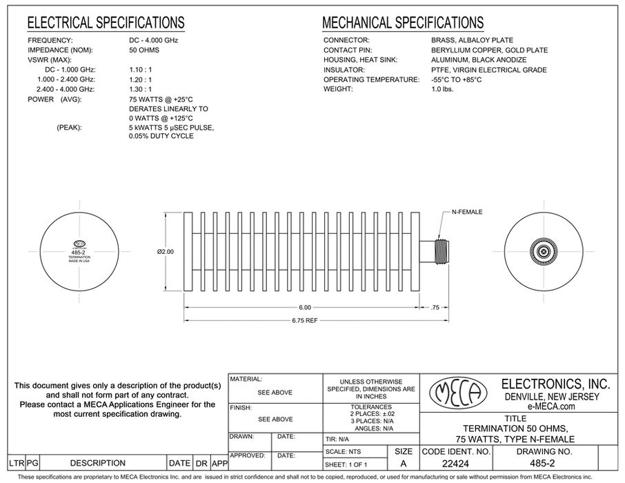 485-2 N-F Termination electrical specs