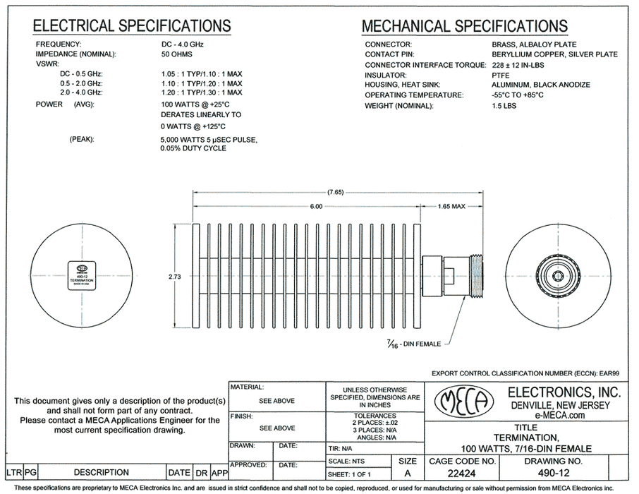 490-12 7/16 DIN-F Termination electrical specs