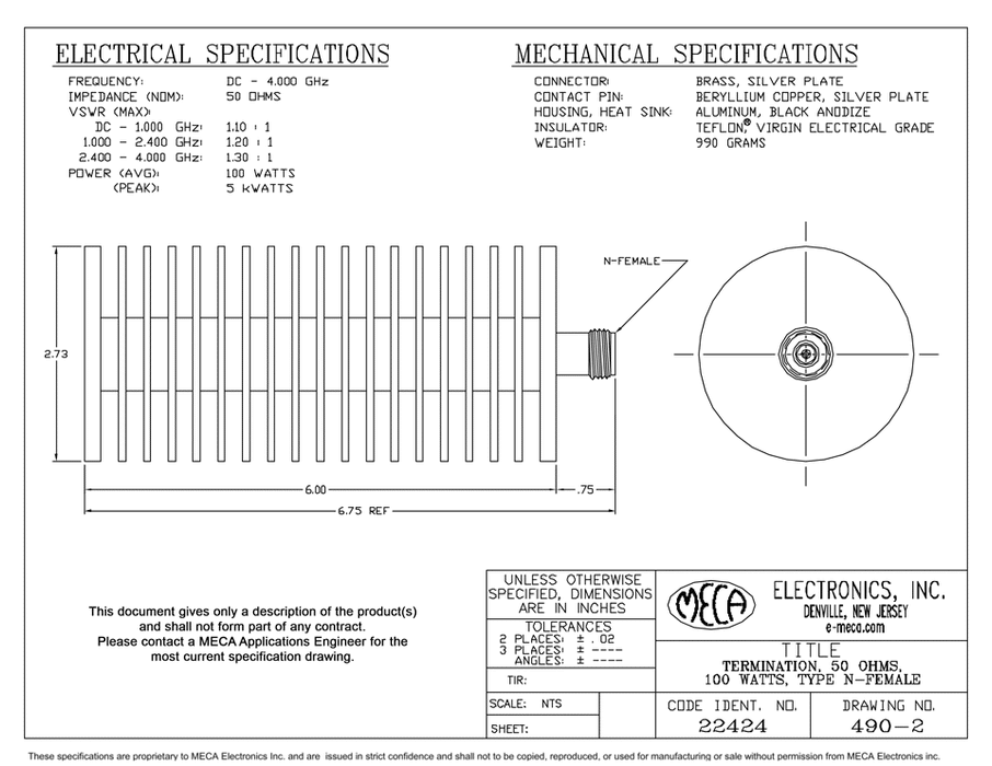 490-2 N/F Termination electrical specs