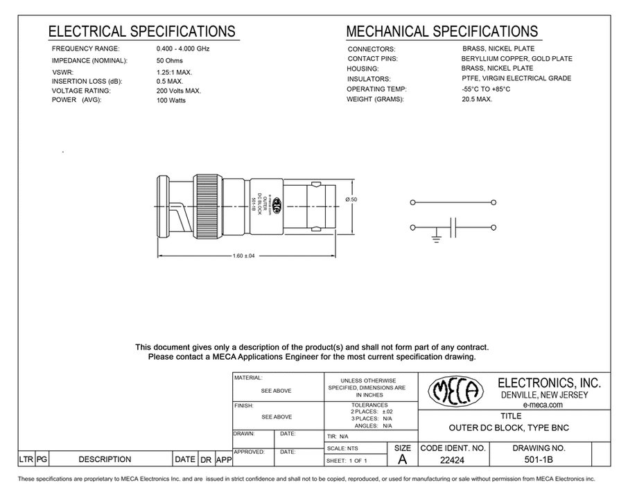 501-1B DC Block BNC electrical specs