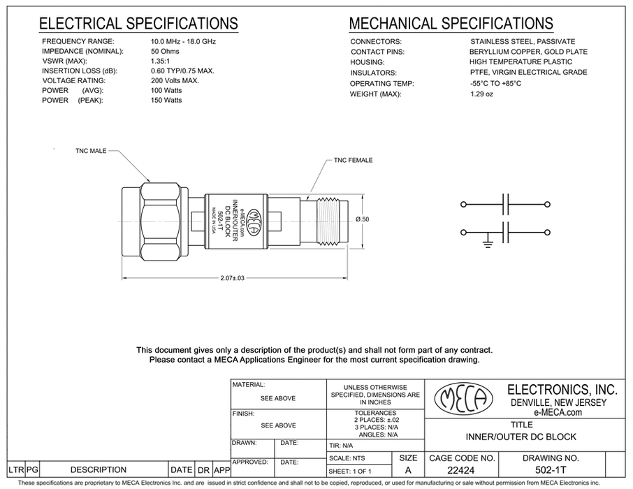 502-1T DC Block TNC electrical specs
