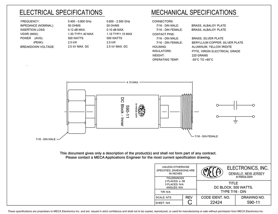 590-11 DC Block 7/16 DIN electrical specs