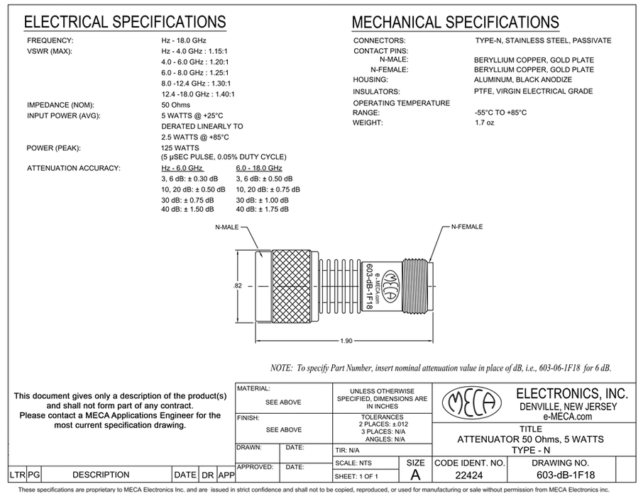 603-40-1F18 N-Type Attenuators electrical specs