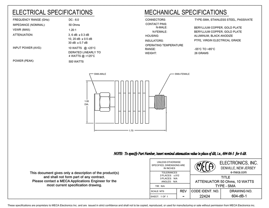 604-06-1 SMA-Male to SMA-Female Fixed Attenuator electrical specs