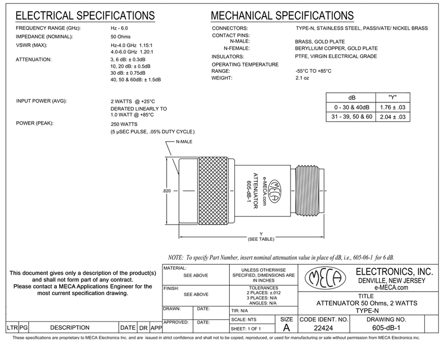 605-10-1 2 Watts Attenuator electrical specs