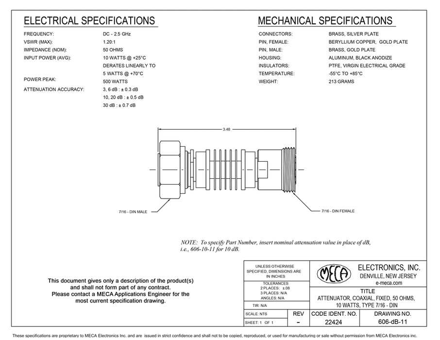 606-10-11 7/16 DIN Fixed Attenuators electrical specs