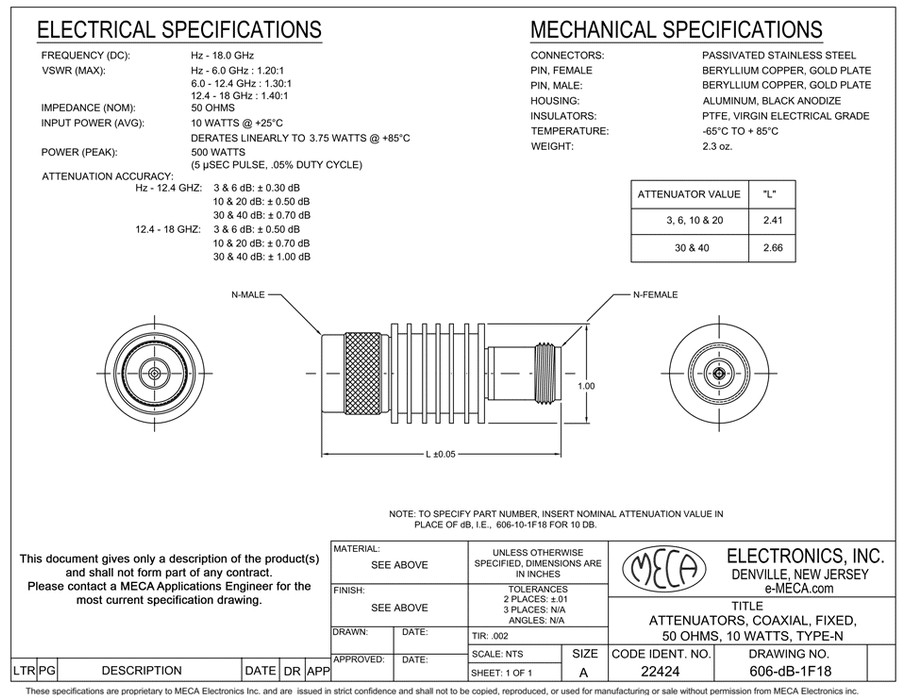 606-10-1F18 N-Type Fixed Attenuators electrical specs