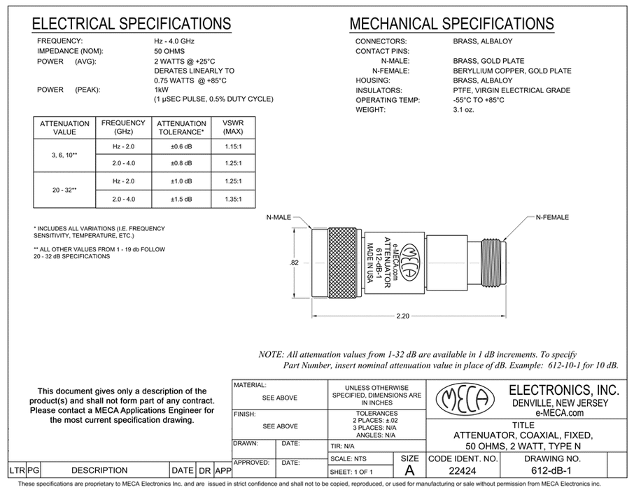 612-6-1 1 N Type Fixed Attenuator electrical specs