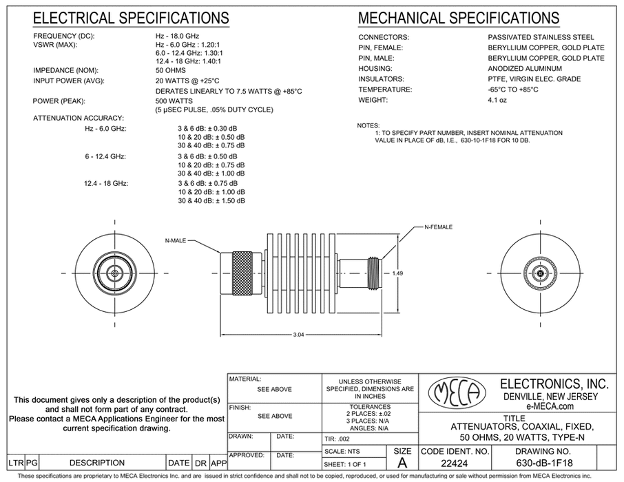 630-40-1F18 RF Attenuators electrical specs