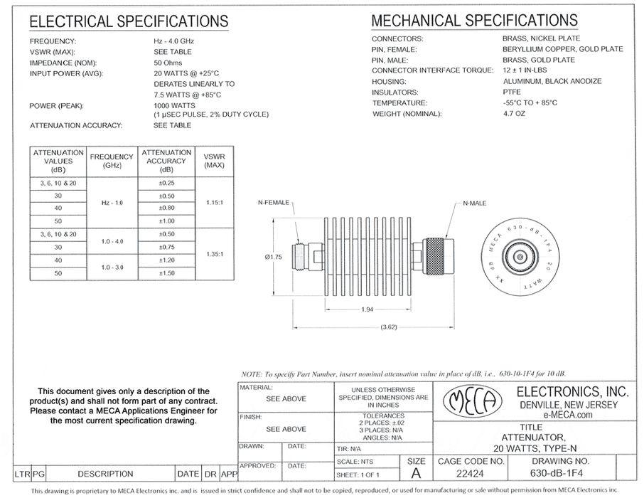 630-10-1F4 20W Attenuator electrical specs