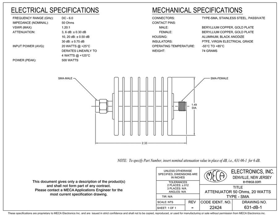 631-10-1 SMA Fixed Attenuator electrical specs