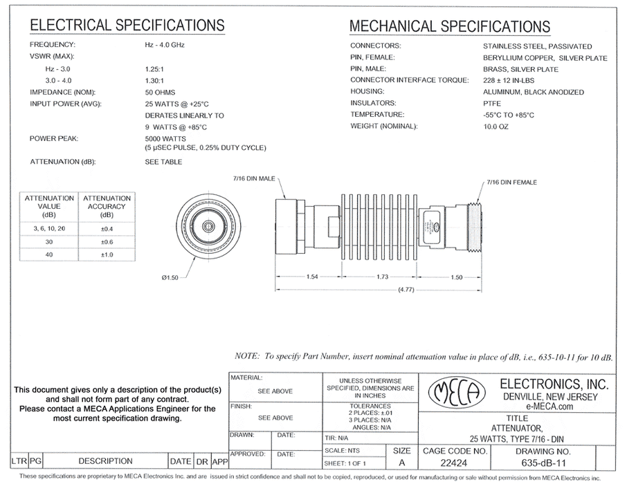 635-40-11 7/16 DIN Fixed Attenuator electrical specs