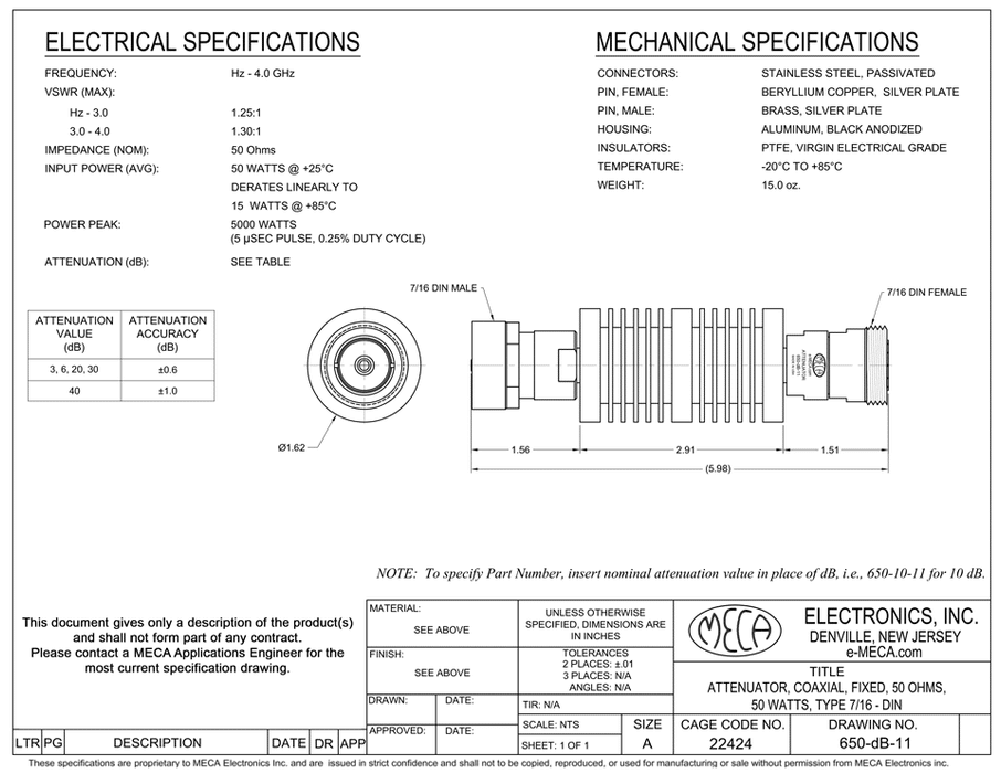 650-03-11 7/16 DIN Fixed Attenuators electrical specs