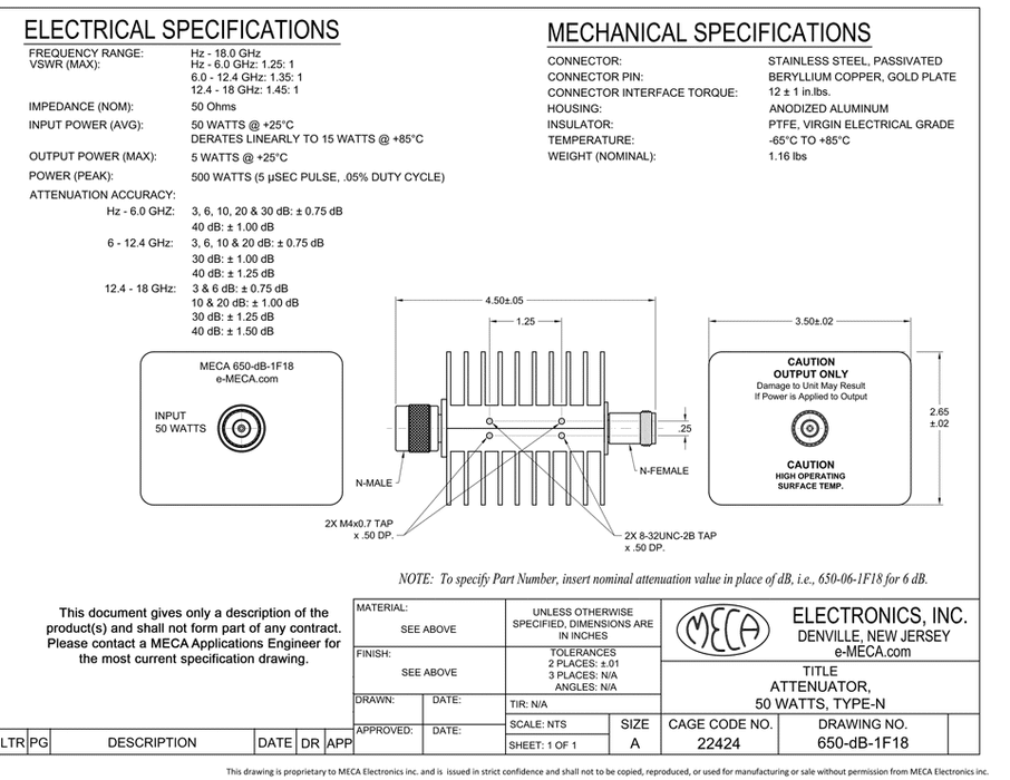650-03-1F18 50W Attenuator electrical specs
