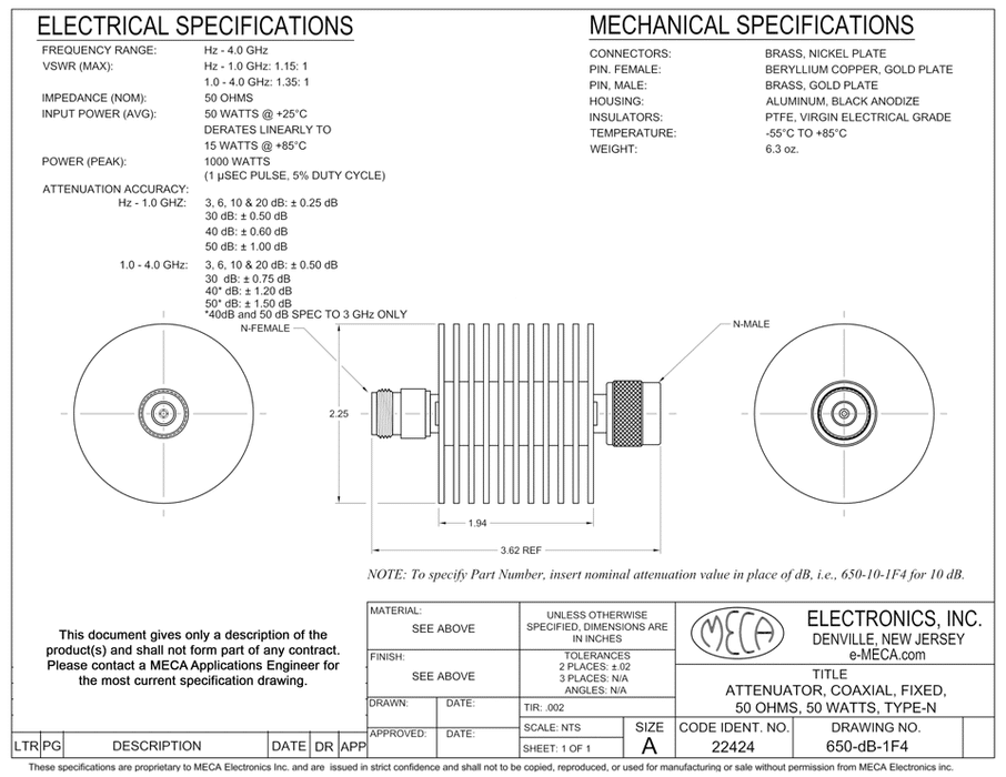 650-20-1F4 N-Type Fixed Attenuators electrical specs