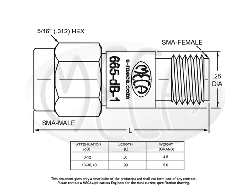 665-10-1 RF Attenuator SMA-Type connectors drawing